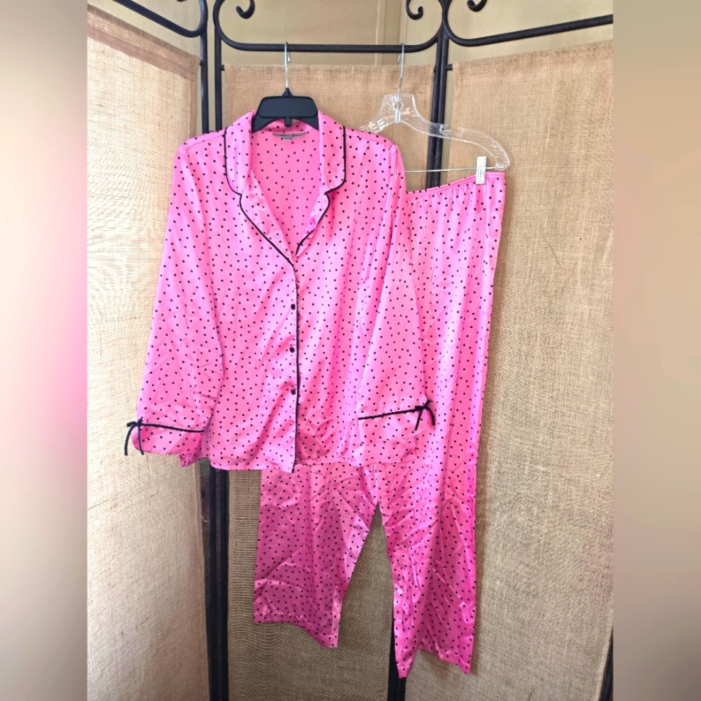 Women's Morgan Taylor Intimates Y2K Satin Pink Polka Dot Pajama Set Size XL